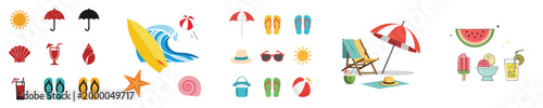 Summer Beach Icons Set Surf Vacation Seaside Elements Collection Flat Vector Design