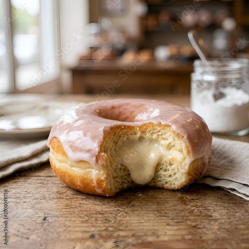 Close Up of a Glazed Custard Filled Donut with a Bite Taken Out