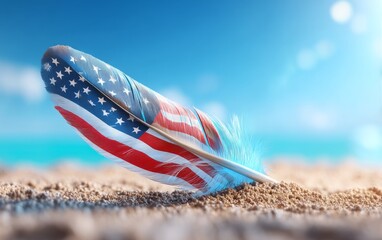 Closeup of Bald Eagle Feather Lying on Dry Soil Under Bright Sky