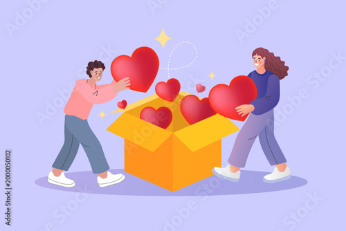 Happy man and woman sharing love and kindness by putting hearts into a cardboard box representing community support volunteer work and gratitude on purple background