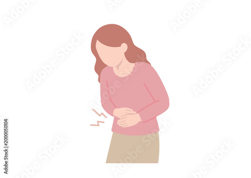 腹痛や胃痛で体調不良の女性のイラスト フラットデザイン ベクター