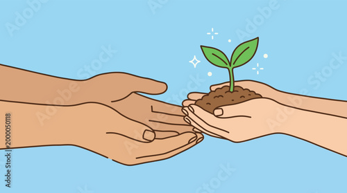 Sustainability Concept Human Hands Passing Small Green Plant Seedling Growth in Soil Illustration