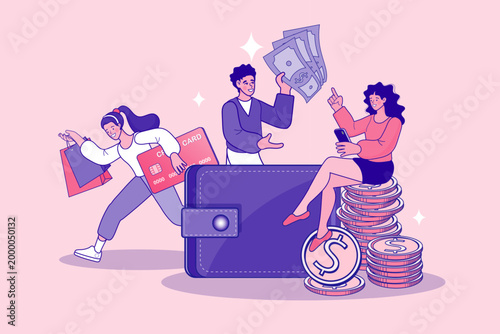 Diverse people managing money with large wallet credit card and cash representing consumer spending personal finance digital payment and shopping lifestyle on pink background