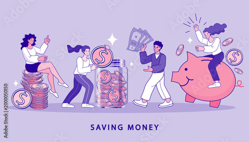 Diverse people saving money in piggy bank and glass jar with stacks of coins representing investment wealth management budget planning and financial freedom on purple background