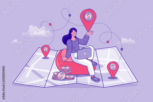 Market analysis and financial investment concept with woman on map and money location markers