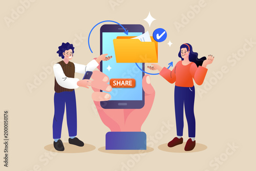 Digital file sharing and data transfer concept with people using smartphone and folder icon