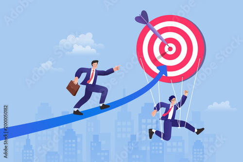 Businessman walking on rising arrow towards target while competitor is held back representing leadership advantage market growth and reaching financial goals in corporate world