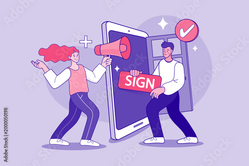 Online registration and member sign up concept with people and smartphone interface