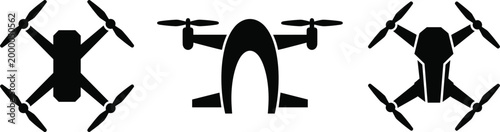 Drone silhouette set with quadcopter aerial vehicles and modern UAV technology icons in black vector style