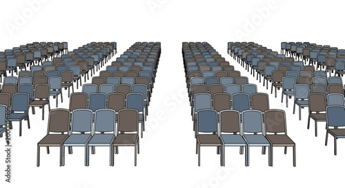Numerous empty lecture hall chairs in alternating blue and brown colors are neatly arranged in parallel rows facing the front.