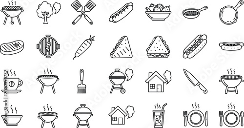 BBQ and Outdoor Grilling Icon Set Featuring Charcoal Grills, Hot Dogs, Sandwiches, Steak, Skillet, and Picnic Food Symbols for Barbecue Party Invitations and Restaurant Menu DesignsBBQ and Outdoor Gri