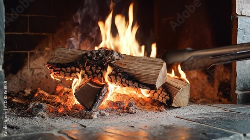 Logs Burning Brightly in a Cozy Fireplace with Flames Dancing.
