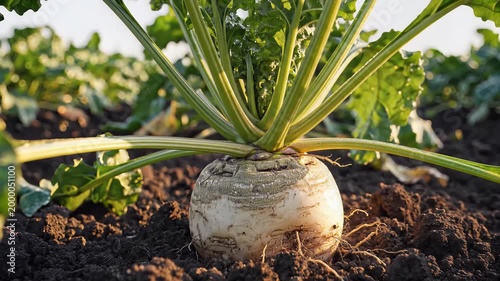 Closeup of a sugar beet plant growing in a field during daytime.