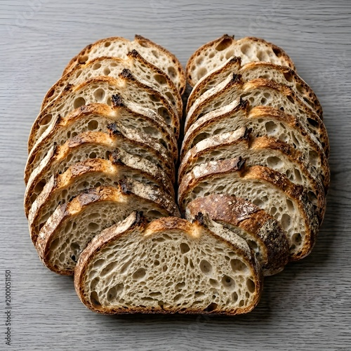 Overhead Slices of Fresh Artisan Sourdough Bread Arranged on Grey Wood