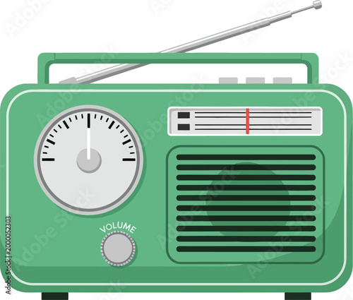 Retro green portable radio with extendable antenna tuning dial and speaker grille isolated on a clean white background evoking nostalgia and vintage technology for classic entertainment