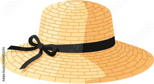 Elegant straw sun hat with black ribbon and bow wide brim for sun protection perfect for summer beach vacations outdoor activities and stylish fashion accessory isolated on white background