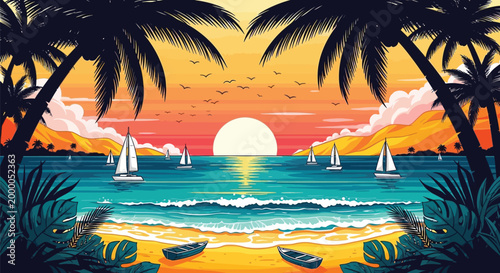 Serene tropical beach sunset with sailboats and palm trees vibrant orange sky reflecting on the ocean waves creating a peaceful vacation paradise atmosphere
