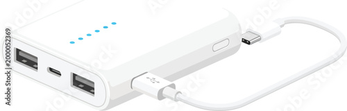 Portable white power bank charger with usb ports and led indicator lights connected by a short cable to a compact electronic device isolated on a clean white background representing modern