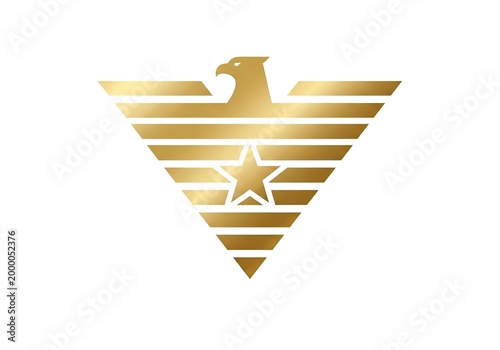 Gold eagle head logo with star and horizontal stripes