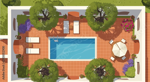 Flat Vector Top View Mediterranean Courtyard Set Featuring Pool, Olive Trees