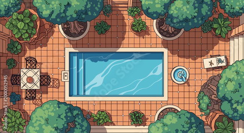 Flat Vector Top View Mediterranean Courtyard Set Featuring Pool, Olive Trees, and Terracotta Tiles