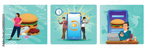 Overeating addiction concept. Mindlessly scrolling. Snacking nonstop.