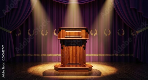Elegant wooden podium on illuminated stage with purple velvet curtains and spotlights, ready for speech, award, or presentation.