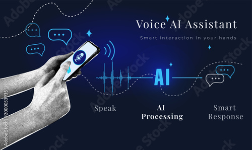 Using a smartphone with an AI-powered voice assistant. Trendy halftone collage. Digital interactive interface demonstrating sound wave processing and intelligent response.