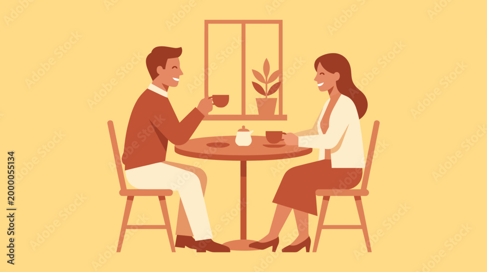 Fototapeta premium A man and woman sit at a small table enjoying coffee together in a cozy setting