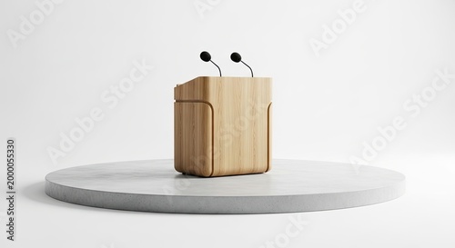 Elegant wooden podium with dual microphones on a minimalist concrete stage, set against a pristine white studio background. Ideal for speeches, conferences, and presentations.