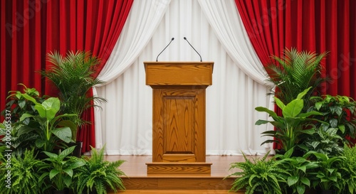 Elegant stage setup for speech or presentation, with wooden podium, microphones, red and white drapes, and green plants.