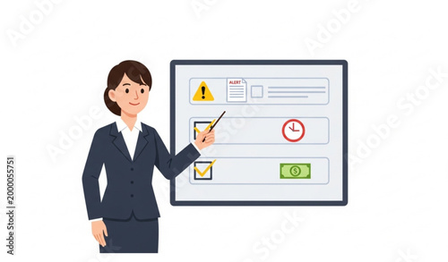 Tableau sur toile Japanese businesswoman explaining business precautions checklist with warning ic