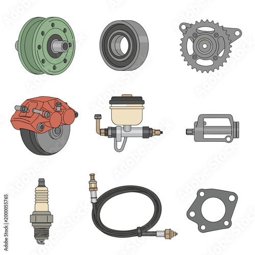 Detailed Outline Automotive and Bike Spare Parts Vector Set