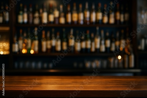 Wooden bar counter with blurred background of liquor bottles on shelves, ideal for mockup or copyspace in beverage or nightlife concept scene. Ai generative