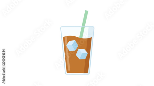 A glass of iced coffee with two ice cubes and a straw