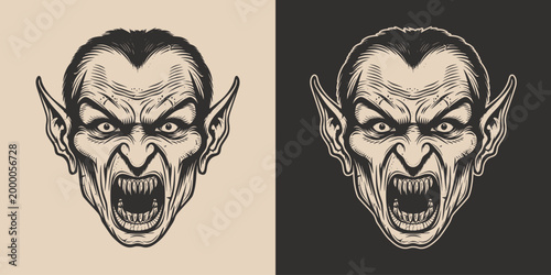 Vintage retro engraving woodcut style sketch draw paint of vampire scary halloween cartoon head front view