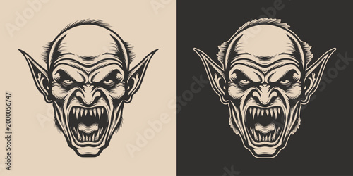 Vintage retro engraving woodcut style sketch draw paint of vampire scary halloween cartoon head front view