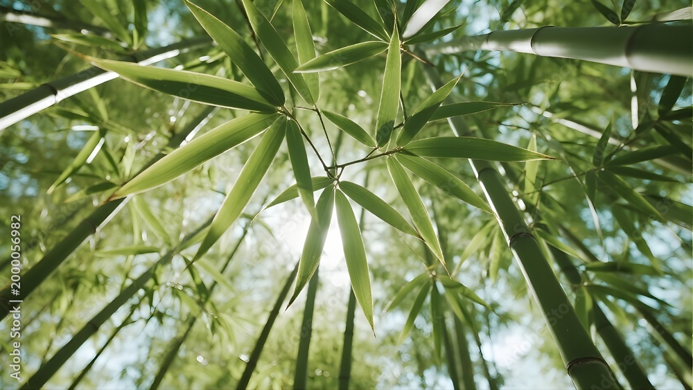 Fototapeta premium Sunlight filters through the lush green leaves of a dense bamboo forest in a low-angle shot.