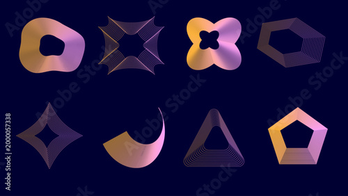 Abstract 3D Gradient Organic and Geometric Shapes Set on Dark Background with Glowing Colorful Fluid Forms for Modern Design