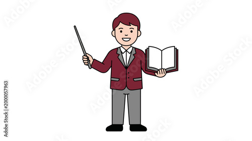 A cartoon man in a red blazer holds a book and pointer stick while smiling and standing against a white background