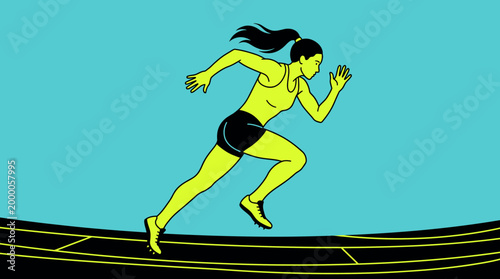 A woman in athletic wear runs on a track with her arms outstretched and hair flowing behind her