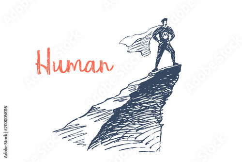 Human Potential - Superhero standing on mountain peak