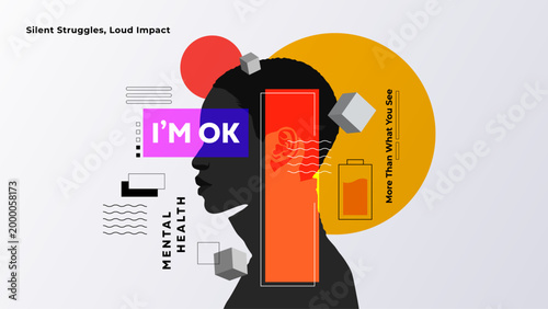 Mental health awareness banner with "Silent Struggles, Loud Impact" theme. Features a human profile with "I'M OK" text, symbolizing hidden psychological pain, emotional burnout, and the importance