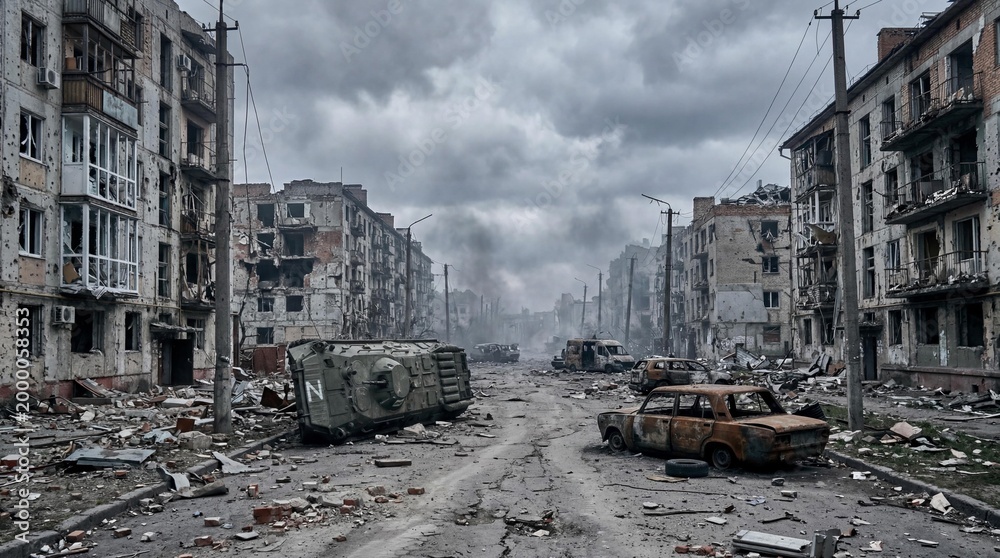 Fototapeta premium War destroyed city street with ruined buildings, devastated urban landscape after military conflict, abandoned armored vehicles and debris on road