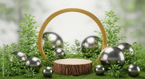 Wooden Log Pedestal on Green Grass with Gold Ring and Silver Spheres. Natural Product Display Podium in Forest Environment.