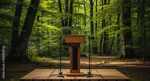 Empty wooden podium with microphones on an outdoor stage in a lush green forest, ideal for eco-friendly presentations and nature events.