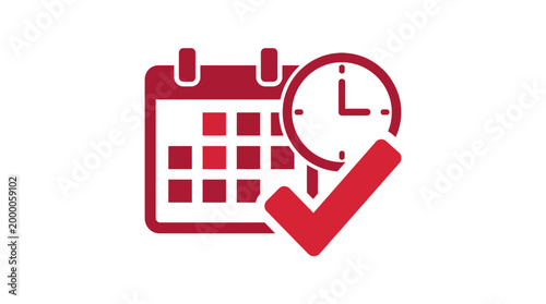A red icon of a calendar with a clock and checkmark indicating a scheduled event or deadline