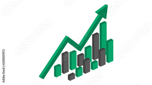 Green arrow rises above growing bar graph on white background