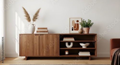 Wooden cabinet and accessories decor in living room interior on empty white wall background