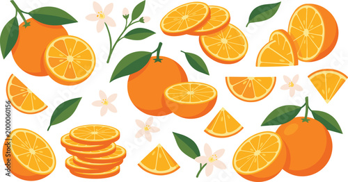Foto Orange Citrus Composition with Whole Fruits, Slices, Leaves, and Blossoms Arrang